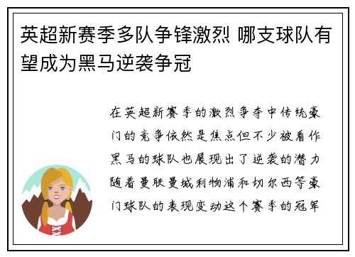 英超新赛季多队争锋激烈 哪支球队有望成为黑马逆袭争冠